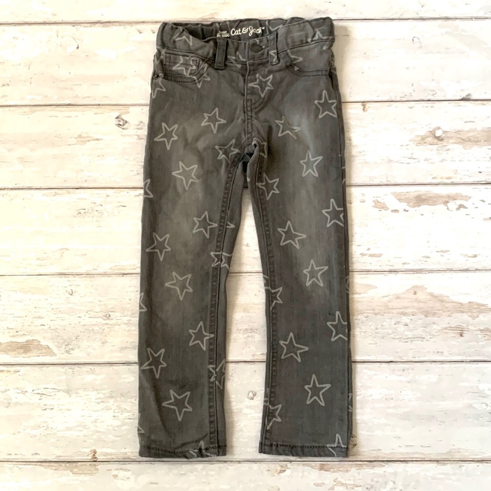 Girls 4T Gray Skinny Jeans Cat & Jack Silver Stars Prints Pants Denim Size 4